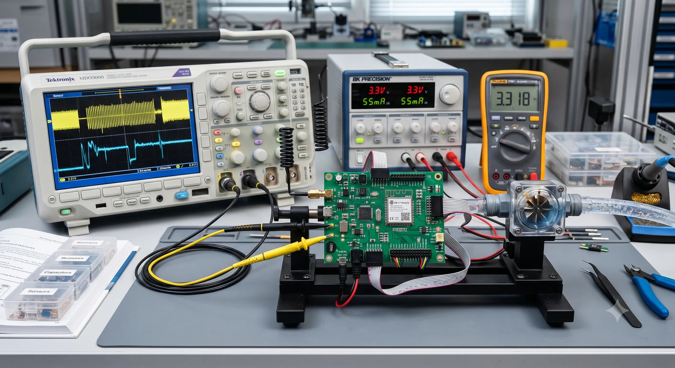 Medição de água NB-IoT — bancada de desenvolvimento da Voose
