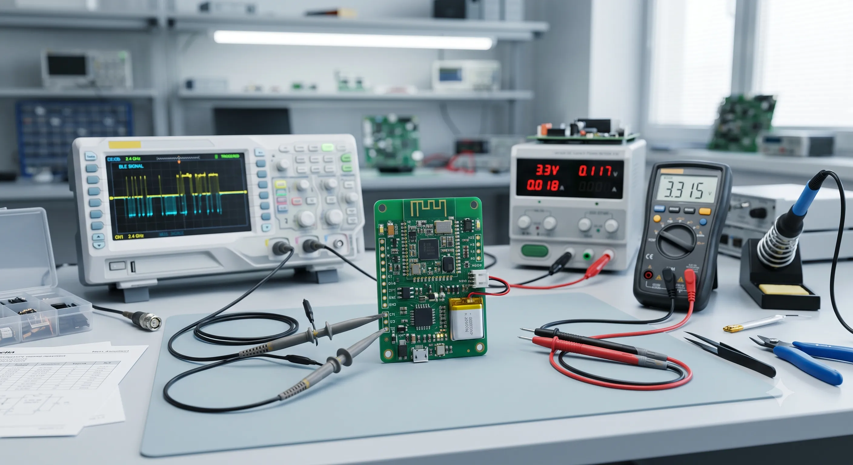 Sensor conectado BLE — bancada de desenvolvimento da Voose