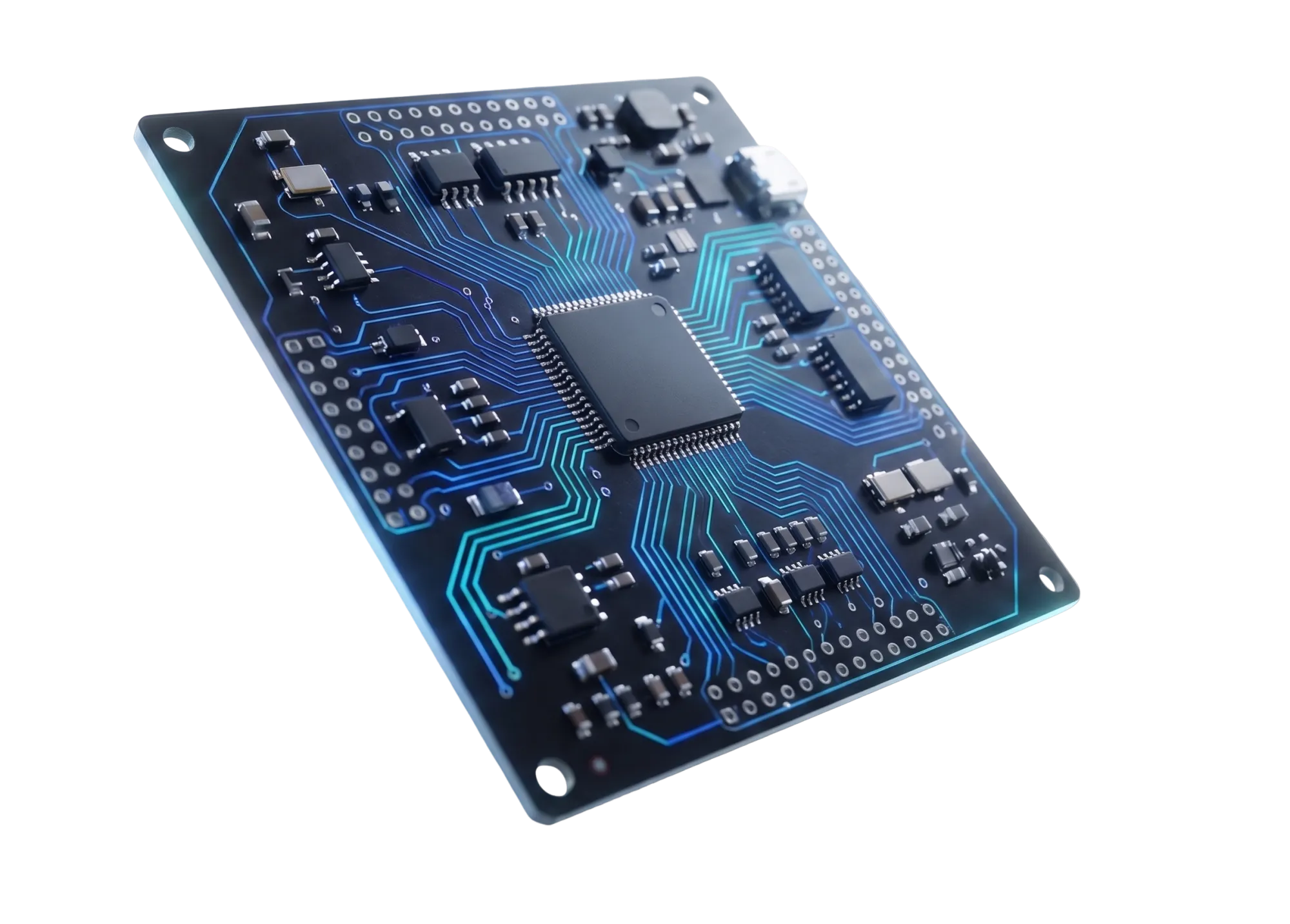 Placa de circuito impresso (PCB) projetada pela Voose, com trilhas iluminadas e microcontrolador central